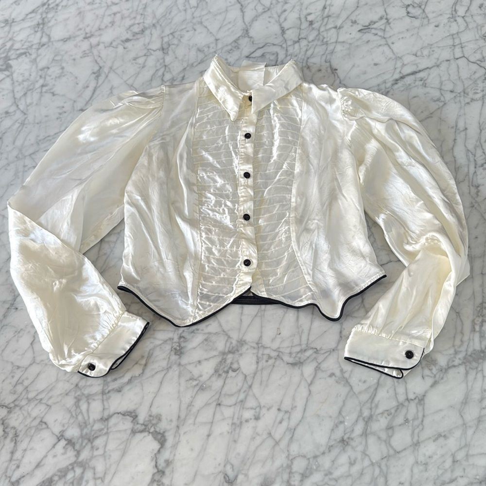 Vintage Tuxedo Style Button Down Blouse Crop Trim Detailing Womens XS Silky